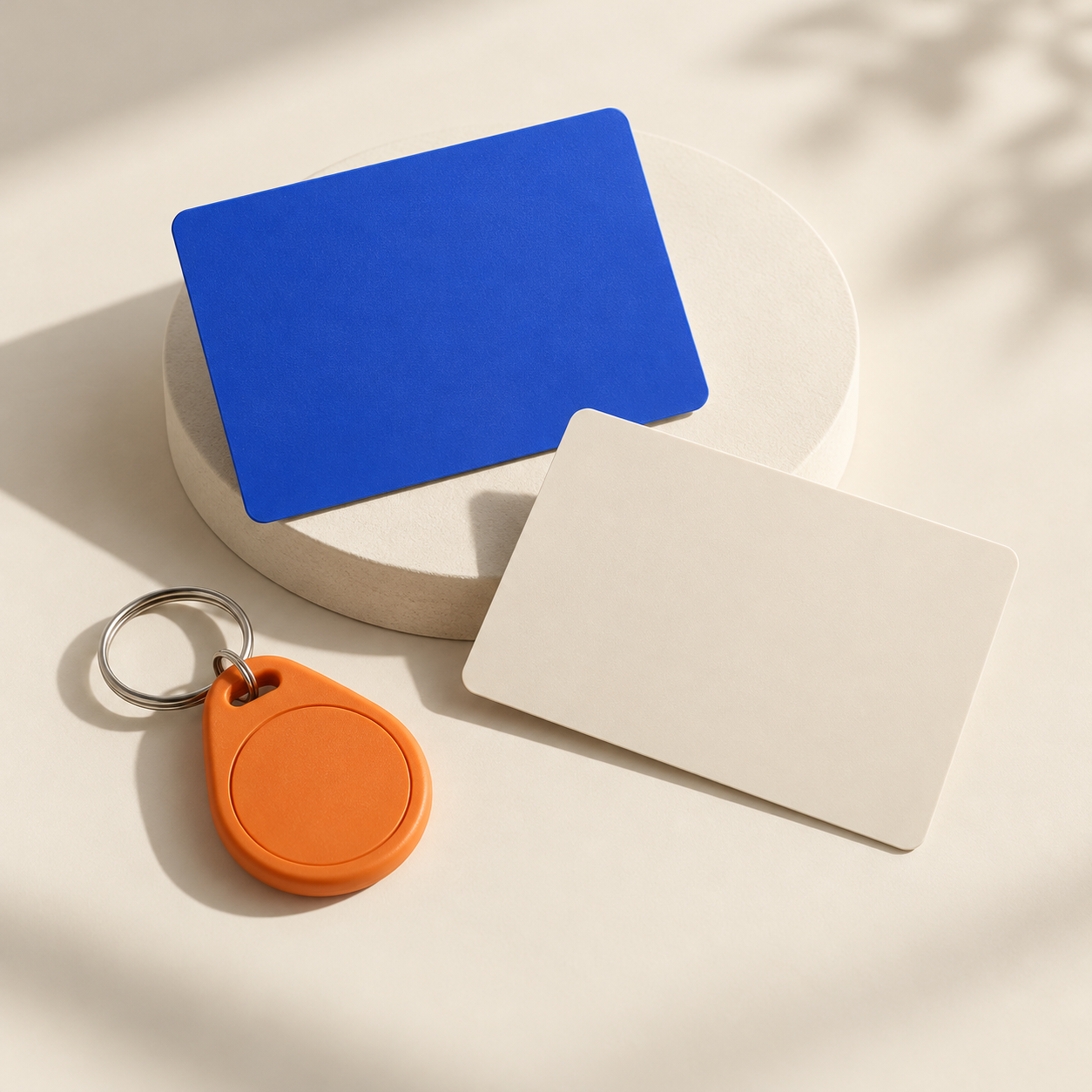 Concept illustration of a cobalt access card, an ivory card and an orange key fob